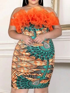 Women's Plus Size Curve Party Dress Bodycon Sheath Dress Floral Geometric Midi Dress Sleeveless Mesh Backless Strapless Fashion Party Orange Fall Winter XL XXL 3XL 4XL