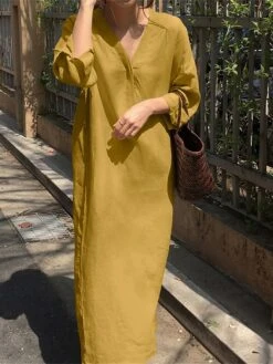 Women's Casual Dress Cotton Linen Dress Shift Dress Maxi Long Dress Linen / Cotton Blend Fashion Modern Outdoor Daily Vacation V Neck Button Long Sleeve Fall Winter Autumn 2023 Loose Fit Black Yellow -HAYz Clothing Shop xikmzl1691143980574