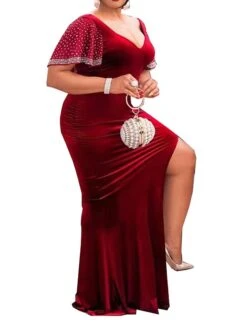 Women's Plus Size Curve Party Dress Velvet Dress Sheath Dress Plain Long Dress Maxi Dress Short Sleeve Split V Neck Fashion Party Red Green Fall Winter XL XXL 3XL 4XL 5XL -HAYz Clothing Shop xjcgkg1694151474411
