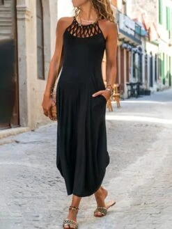 Women's Casual Dress Black Dress Summer Dress Long Dress Maxi Dress Polyester Modern Casual Outdoor Daily Vacation Halter Neck Pocket Cut Out Sleeveless Summer Spring 2023 Regular Fit Black Plain S M