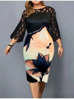 Women‘s Plus Size Curve Party Dress Butterfly Crew Neck Print 3/4 Length Sleeve Spring Fall Work Casual Sexy Prom Dress Midi Dress Daily Work Dress