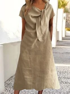 Women's Casual Dress Cotton Linen Dress A Line Dress Midi Dress Cotton Blend Fashion Modern Outdoor Daily Vacation Crew Neck Ruched Pocket Short Sleeve Summer Spring 2023 Regular Fit Khaki Plain S M