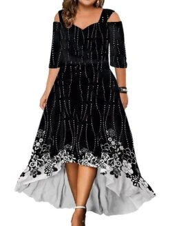 Women‘s Plus Size Curve Party Dress Wedding Guest Dress Swing Dress Long Dress Maxi Dress Black White Pink 3/4 Length Sleeve Floral Cold Shoulder Summer Spring Fall V Neck Fashion Birthday -HAYz Clothing Shop xkehww1690280961364
