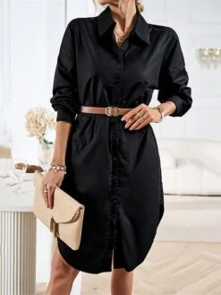 Women's Casual Dress Work Dress Shift Dress Mini Dress Outdoor Office Business Cotton Classic Modern Shirt Collar Button Pocket Long Sleeve Summer Spring Fall 2023 Loose Fit Black White Blue Pure -HAYz Clothing Shop xkjeyw1688542169469