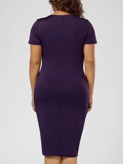 Women‘s Plus Size Curve Work Dress Solid Color V Neck Ruched Short Sleeve Summer Spring Work Knee Length Dress Work Vacation Dress -HAYz Clothing Shop xkjgct1659091098908