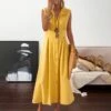 Women's Cotton Linen Dress Casual Dress Swing Dress Midi Dress Black White Yellow Sleeveless Pure Color Button Summer Spring Shirt Collar Fashion Vacation Loose Fit 2023 S M L XL XXL 3XL