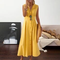 Women's Cotton Linen Dress Casual Dress Swing Dress Midi Dress Black White Yellow Sleeveless Pure Color Button Summer Spring Shirt Collar Fashion Vacation Loose Fit 2023 S M L XL XXL 3XL