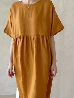 Women's Casual Dress Cotton Linen Dress Tiered Dress Maxi Long Dress Linen / Cotton Blend Daily Casual Outdoor Home Daily Crew Neck Pocket Short Sleeve Summer Spring 2023 Loose Fit Yellow Pink Plain -HAYz Clothing Shop xlfbof1689933425485