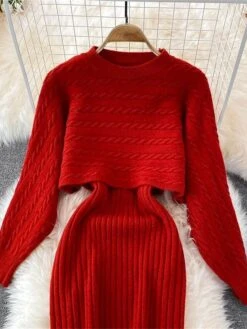 Women's Two Piece Dress Set Casual Dress Sheath Dress Outdoor Daily Fashion Streetwear Ruched Midi Dress Crew Neck Long Sleeve Plain Loose Fit Black White Wine Fall Winter One-Size -HAYz Clothing Shop xlkjtd1694057143718