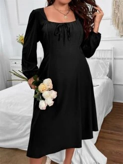 Women's Plus Size Curve Party Dress Cocktail Dress Black Dress Midi Dress Black Long Sleeve Pure Color Lace Up Spring Fall Winter Square Neck Fashion Winter Dress Birthday Wedding Guest XL XXL 3XL -HAYz Clothing Shop xllwfn1691648095468