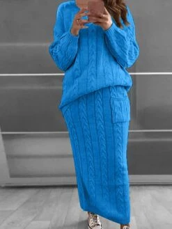 Women's Two Piece Dress Set Casual Dress Skirt Set Daily Holiday Fashion Streetwear Pocket Ribbed Long Dress Maxi Dress Crew Neck Long Sleeve Plain Loose Fit Black Yellow Wine Fall Winter S M L XL XXL