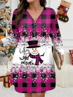 Women's Plus Size Curve Christmas Dress Casual Dress Winter Dress Plaid Snowman Mini Dress Long Sleeve Print V Neck Fashion Outdoor Yellow Wine Fall Winter L XL 2XL 3XL 4XL -HAYz Clothing Shop xmfzye1697799842309