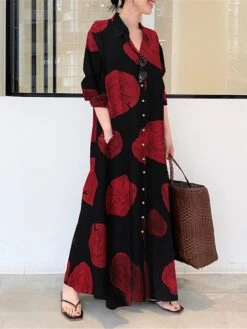 Women's Shirt Dress Casual Dress Cotton Linen Dress Maxi Long Dress Cotton Blend Basic Casual Outdoor Daily Shirt Collar Button Pocket Long Sleeve Summer Spring Fall 2023 Loose Fit Black White Yellow -HAYz Clothing Shop xmhpqj1672828265716