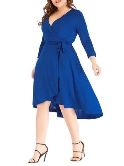 Women‘s Plus Size Curve Work Dress Semi Formal Dress Wrap Dress Fashion Midi Dress Lace Up V Neck Long Sleeve Plain Regular Fit Black Blue Spring Fall XL XXL 3XL 4XL 5XL -HAYz Clothing Shop xmmzrc1691402327047