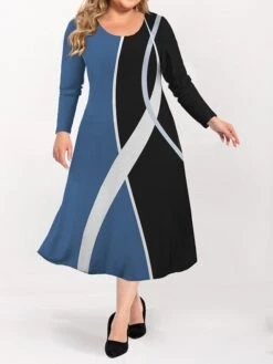 Women's Plus Size Curve Casual Dress Skater Dress A Line Dress Geometric Color Block Midi Dress Long Sleeve Print Crew Neck Fashion Outdoor Red Blue Fall Winter L XL XXL 3XL 4XL -HAYz Clothing Shop xmpfmz1695191648700