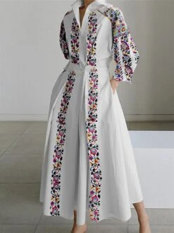 Women's Shirt Dress Casual Dress Swing Dress Maxi Long Dress Outdoor Daily Vacation Polyester Fashion Modern Shirt Collar Button Pocket Long Sleeve Summer Spring Fall 2023 Loose Fit Black White Floral