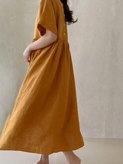 Women's Casual Dress Cotton Linen Dress Tiered Dress Maxi Long Dress Linen / Cotton Blend Daily Casual Outdoor Home Daily Crew Neck Pocket Short Sleeve Summer Spring 2023 Loose Fit Yellow Pink Plain -HAYz Clothing Shop xnbagd1689933423696