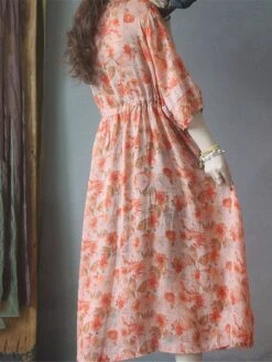 Women's Casual Dress Cotton Linen Dress Swing Dress Midi Dress Polyester Daily Casual Outdoor Daily Vacation Crew Neck Print 3/4 Length Sleeve Fall Autumn 2023 Loose Fit Orange Floral M L XL 2XL -HAYz Clothing Shop xncszc1693226488737