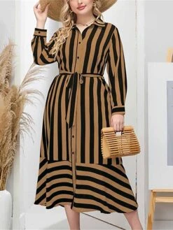 Women's Plus Size Shirt Dress Casual Dress Swing Dress Midi Dress Outdoor Daily Date Polyester Fashion Modern Shirt Collar Lace Up Button Long Sleeve Fall Winter 2023 Loose Fit Brown Striped L XL 2XL -HAYz Clothing Shop xncytk1693451925909