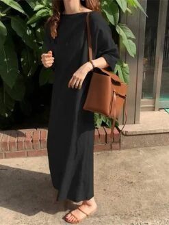 Women's Casual Dress Cotton Linen Dress Shift Dress Midi Dress Linen / Cotton Blend Fashion Classic Outdoor Daily Vacation Crew Neck Pocket Long Sleeve Fall Winter Autumn 2023 Loose Fit Black Yellow -HAYz Clothing Shop xndfdv1693475178630