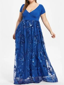 Women's Plus Size Swing Dress Solid Color V Neck Layered Short Sleeve Fall Prom Dresses Maxi Long Dress Party Dress -HAYz Clothing Shop xngbsh1629106117872
