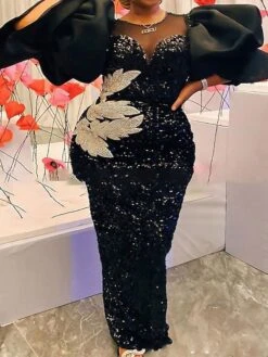 Women‘s Plus Size Curve Party Dress Leaf Crew Neck Sequins 3/4 Length Sleeve Spring Fall Stylish Elegant Prom Dress Maxi Long Dress Formal Party Dress Sequin Dress Mesh