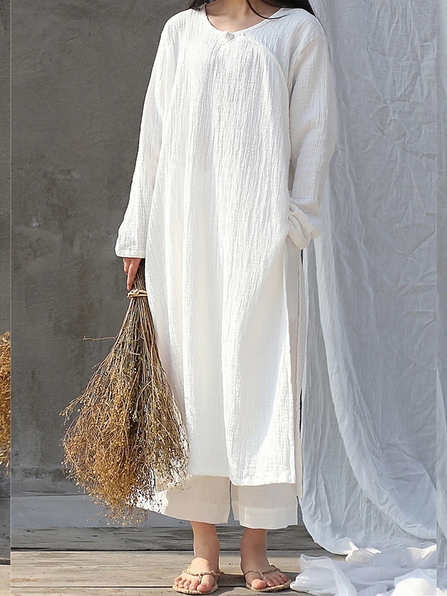 Women's Casual Dress Cotton Linen Dress Loose Dress Maxi Long Dress Linen / Cotton Blend Daily Stylish Outdoor Daily Vacation Crew Neck Split Long Sleeve Spring Fall Winter 2023 Loose Fit Black White 5 Women's Casual Dress Cotton Linen Dress Loose Dress Maxi Long Dress Linen / Cotton Blend Daily Stylish Outdoor Daily Vacation Crew Neck Split Long Sleeve Spring Fall Winter 2023 Loose Fit Black White - Image 5