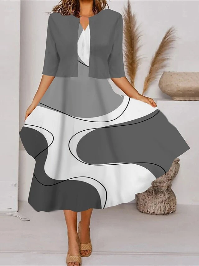 Women's Two Piece Dress Set Casual Dress Tank Dress Outdoor Daily Fashion Streetwear Pocket Print Midi Dress V Neck 3/4 Length Sleeve Geometric Color Block Regular Fit Black White Blue Spring Fall S 3 Women's Two Piece Dress Set Casual Dress Tank Dress Outdoor Daily Fashion Streetwear Pocket Print Midi Dress V Neck 3/4 Length Sleeve Geometric Color Block Regular Fit Black White Blue Spring Fall S - Image 3