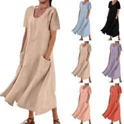 Women's Casual Dress Cotton Linen Dress Swing Dress Maxi Long Dress Linen Cotton Blend Fashion Classic Outdoor Daily Vacation Crew Neck Pocket Short Sleeve Summer Spring 2023 Loose Fit Black Pink Sky -HAYz Clothing Shop xocmmd1681376492980