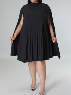 Women‘s Plus Size Curve Casual Dress Shift Dress Solid Color Midi Dress Long Sleeve Pleated Stand Collar Basic Daily Black White Fall Spring XL XXL 3XL 4XL 5XL -HAYz Clothing Shop xokekx1672817488449