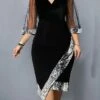 Women‘s Plus Size Curve Party Dress Sequin Dress Work Dress Plain Midi Dress Half Sleeve Mesh Patchwork V Neck Fashion Party Black Wine Summer Spring L XL XXL 3XL 4XL