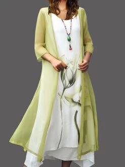 Women's Two Piece Dress Set Casual Dress Cotton Linen Dress Outdoor Daily Fashion Casual Fake Two Piece Print Midi Dress Crew Neck Short Sleeve Floral Painting Regular Fit Yellow Pink Red Summer -HAYz Clothing Shop xorugz1680146908990