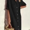 Women's Shirt Dress Casual Dress Midi Dress Daily Cotton Casual Shirt Collar Button Short Sleeve Summer Spring Fall 2023 Loose Fit ArmyGreen Black Red Plain XS S M L XL