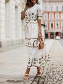 Women's Casual Dress Cotton Linen Dress White Dress Midi Dress Polyester Fashion Gothic Outdoor Daily Vacation Stand Collar Print Half Sleeve Summer Spring Fall 2023 Loose Fit Black Green Apricot