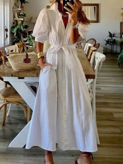 Women's Shirt Dress Casual Dress Swing Dress Maxi Long Dress Polyester Fashion Modern Office Daily Date Shirt Collar Ruched Tie Belt Half Sleeve Summer Spring Fall 2023 Regular Fit Black White Pure