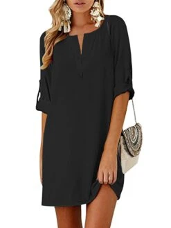 Women's Cotton Linen Dress T Shirt Dress Tee Dress Shift Dress Mini Dress Linen Cotton Blend Stylish Basic Outdoor Daily Holiday Split Neck Ruched Half Sleeve Summer Spring 2023 Regular Fit Black -HAYz Clothing Shop xppbgq1646922738394
