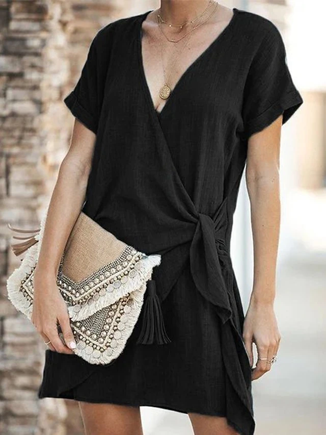 Women's Casual Dress Cotton Linen Dress Shift Dress Mini Dress Polyester Basic Classic Outdoor Daily Vacation V Neck V Neck Layered Short Sleeve Summer Spring 2023 Regular Fit Black Navy Blue Blue 8 Women's Casual Dress Cotton Linen Dress Shift Dress Mini Dress Polyester Basic Classic Outdoor Daily Vacation V Neck V Neck Layered Short Sleeve Summer Spring 2023 Regular Fit Black Navy Blue Blue - Image 8