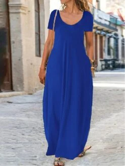 Women's Casual Dress Cotton Linen Dress Long Dress Maxi Dress Polyester Basic Daily Going Out Weekend Crew Neck Short Sleeve Summer Spring 2023 Regular Fit Fluorescent Green Black Yellow Pure Color S