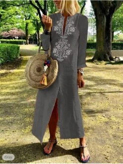 Women's Casual Dress Cotton Linen Dress A Line Dress Maxi Long Dress Cotton Blend Fashion Modern Style Outdoor Daily Vacation V Neck Embroidered Split Long Sleeve Summer Spring Fall 2023 Loose Fit -HAYz Clothing Shop xqojno1688362397687