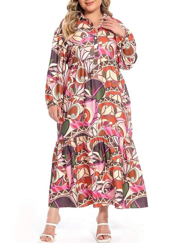 Women's Plus Size Curve Shirt Dress Work Dress Satin Dress Floral Long Dress Maxi Dress Long Sleeve Split Shirt Collar Fashion Office Red Fall Winter L XL XXL 3XL 4XL 2 Women's Plus Size Curve Shirt Dress Work Dress Satin Dress Floral Long Dress Maxi Dress Long Sleeve Split Shirt Collar Fashion Office Red Fall Winter L XL XXL 3XL 4XL - Image 2