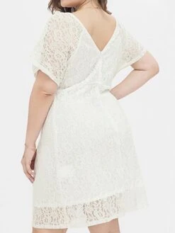 Women's Plus Size Party Dress Lace Dress Cocktail Dress Midi Dress White Short Sleeve Pure Color Lace Spring Fall Winter V Neck Fashion Birthday Wedding Guest Vacation 2023 XL XXL 3XL 4XL -HAYz Clothing Shop xqxppd1693535468856