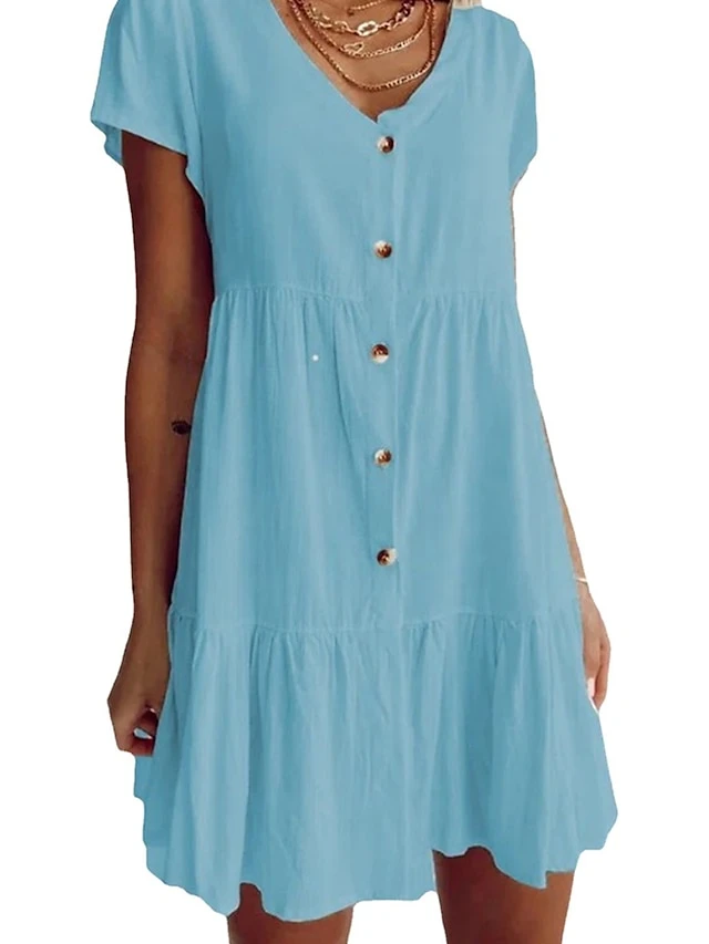 Women's Casual Dress Cotton Linen Dress Swing Dress Mini Dress Cotton Blend Basic Classic Outdoor Daily Vacation V Neck Ruched Button Short Sleeve Summer Spring 2023 Regular Fit White Blue Purple 3 Women's Casual Dress Cotton Linen Dress Swing Dress Mini Dress Cotton Blend Basic Classic Outdoor Daily Vacation V Neck Ruched Button Short Sleeve Summer Spring 2023 Regular Fit White Blue Purple - Image 3