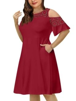 Women‘s Plus Size Curve Casual Dress Solid Color Crew Neck Lace Half Sleeve Fall Spring Casual Knee Length Dress Casual Daily Dress -HAYz Clothing Shop xrctrs1656060138947