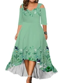Women‘s Plus Size Curve Party Dress Wedding Guest Dress Swing Dress Long Dress Maxi Dress Pink Blue Green 3/4 Length Sleeve Floral Cold Shoulder Summer Spring Fall V Neck Fashion Birthday -HAYz Clothing Shop xrffsu1690280940501