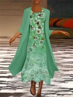 Women's Two Piece Dress Set Casual Dress Chiffon Dress Outdoor Office Fashion Casual Print Midi Dress Crew Neck 3/4 Length Sleeve Floral Loose Fit Blue Green Summer Spring M L XL XXL 3XL