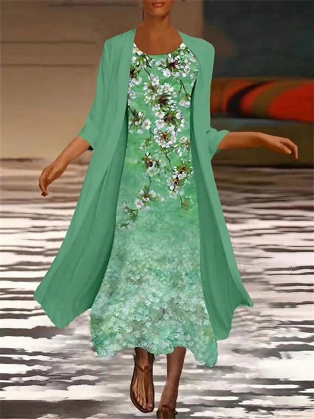 Women's Two Piece Dress Set Casual Dress Chiffon Dress Outdoor Office Fashion Casual Print Midi Dress Crew Neck 3/4 Length Sleeve Floral Loose Fit Blue Green Summer Spring M L XL XXL 3XL 1 Women's Two Piece Dress Set Casual Dress Chiffon Dress Outdoor Office Fashion Casual Print Midi Dress Crew Neck 3/4 Length Sleeve Floral Loose Fit Blue Green Summer Spring M L XL XXL 3XL