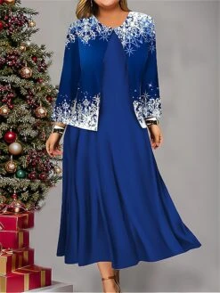 Women's Plus Size Two Piece Dress Set Casual Dress Swing Dress Outdoor Office Fashion Streetwear Print Midi Dress Crew Neck Long Sleeve Snowflake Regular Fit Red Blue Purple Fall Winter L XL XXL 3XL