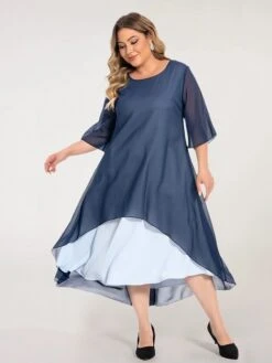 Women‘s Plus Size Curve Casual Dress Work Dress Chiffon Dress Plain Long Dress Maxi Dress Half Sleeve Layered Plus High Low Crew Neck Elegant Outdoor Blue Summer Spring L XL XXL 3XL 4XL
