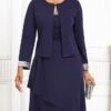 Women's Two Piece Dress Set Work Dress Chiffon Dress Office Date Fashion Elegant Patchwork Midi Dress Crew Neck Long Sleeve Plain Regular Fit Navy Blue Fall Winter S M L XL XXL