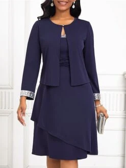 Women's Two Piece Dress Set Work Dress Chiffon Dress Office Date Fashion Elegant Patchwork Midi Dress Crew Neck Long Sleeve Plain Regular Fit Navy Blue Fall Winter S M L XL XXL